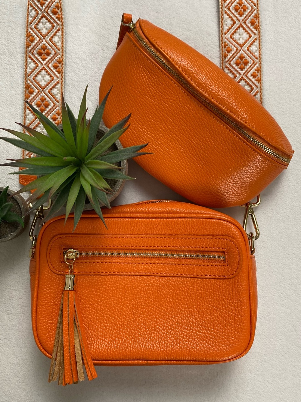 Unbranded Bundle of 2 Genuine Leather Bags | Camera Bag & Belt Bag | Orange